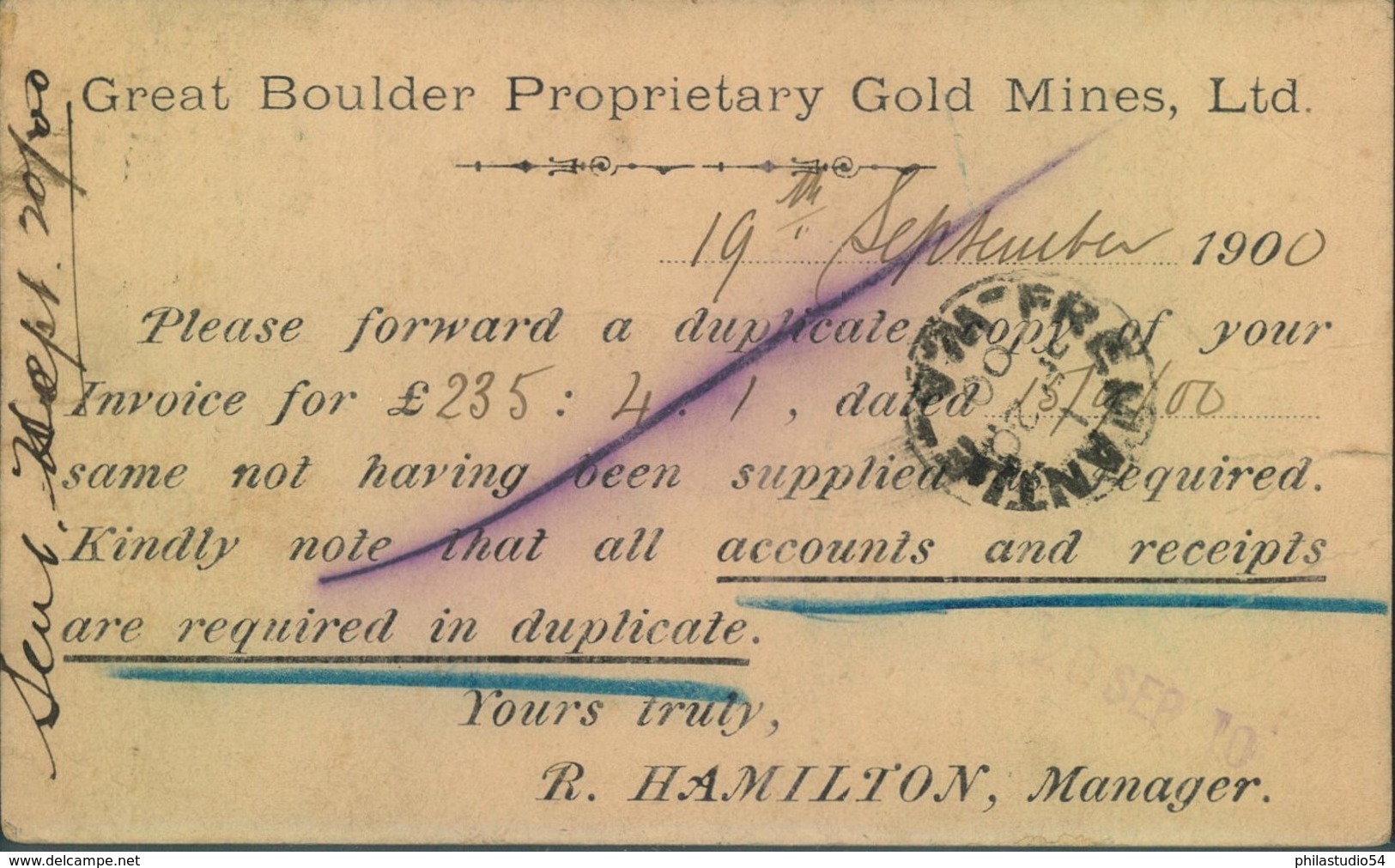 1900, 1/2 D Swan Stationery Card Uprated From KALGOORLIE With Reverse Printing "Great Boulder Propriety Gold Mines Ltd." - Minéraux