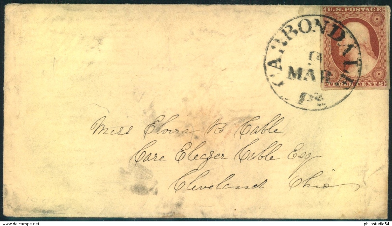 1851 Ca., 3 Cent Washington Imperforated On Small Cover From CARBONDALE. - Minerali