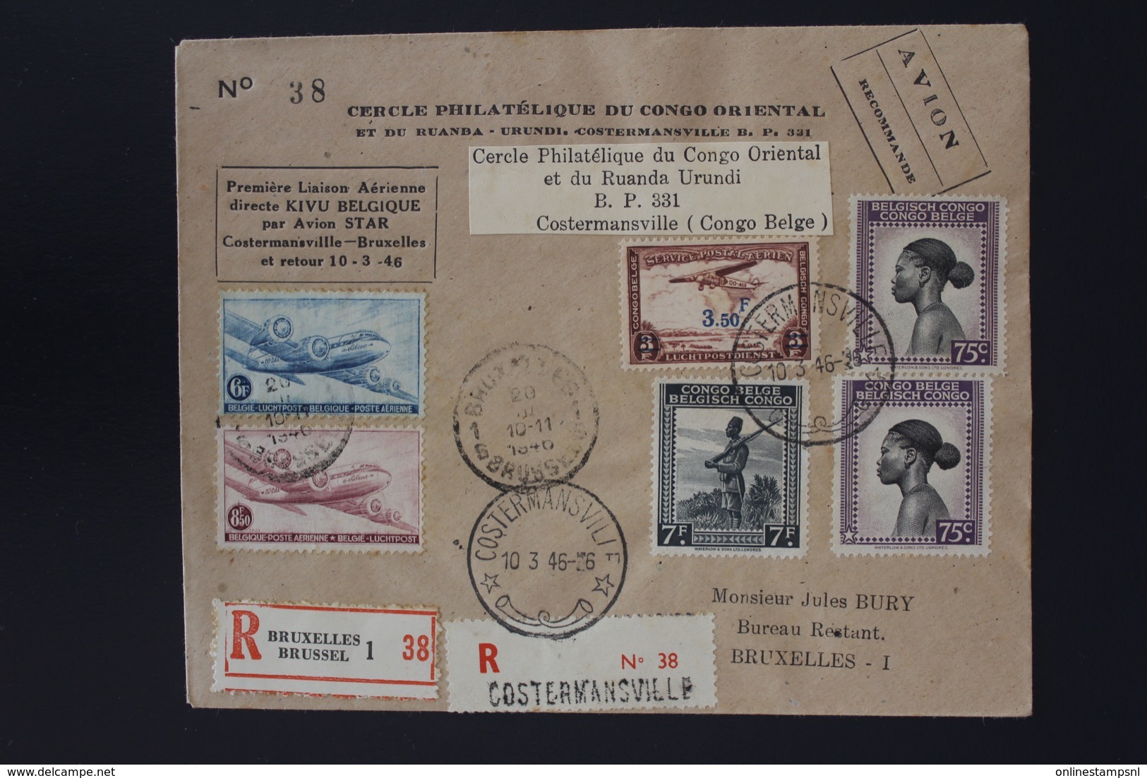 Belgium Congo Registered Cover First Flight Kivu - Costermansville Et Retour 10-3-1946  Cercle De Philatelique Du Congo - Briefe U. Dokumente