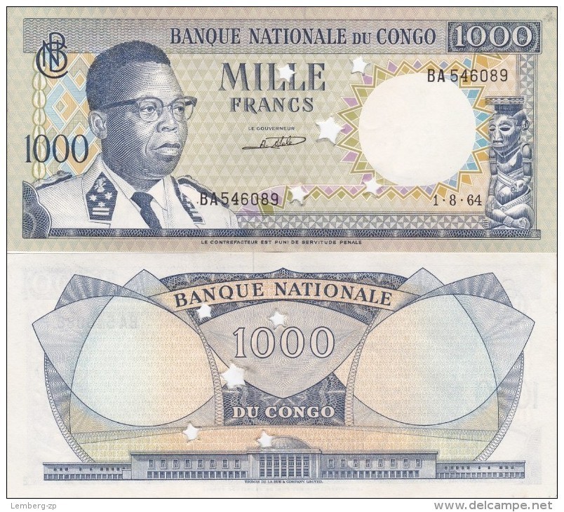 Congo Rep - 1000 Francs 1964 AUNC Cancelled Yellowing Lemberg-Zp - Democratische Republiek Congo & Zaire