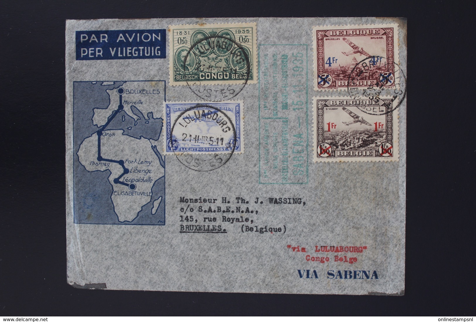 Belgium Congo Cover First Flight Luluabourg Bruxelles 21-11-1935 Sabena - Lettres & Documents