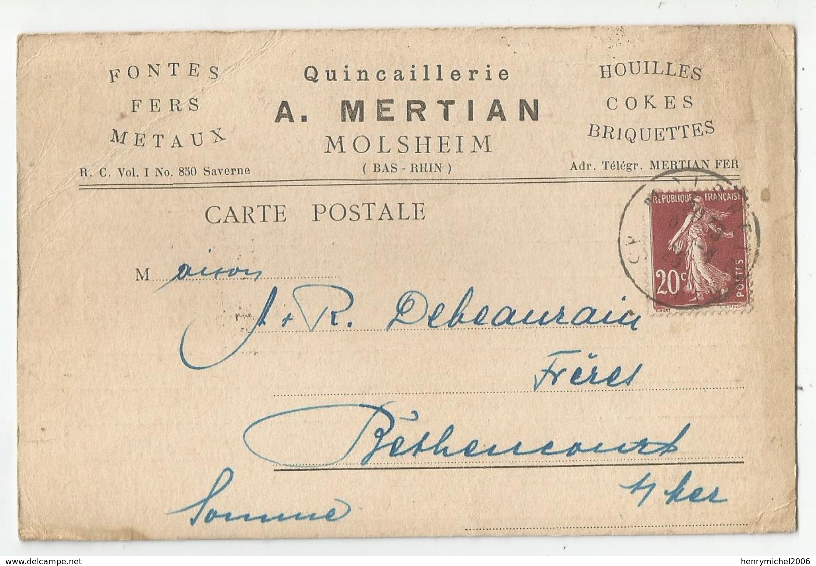 67 Bas Rhin - Molsheim Pub Quincaillerie Houilles Cokes Briquettes Mertian , 1925 - Molsheim