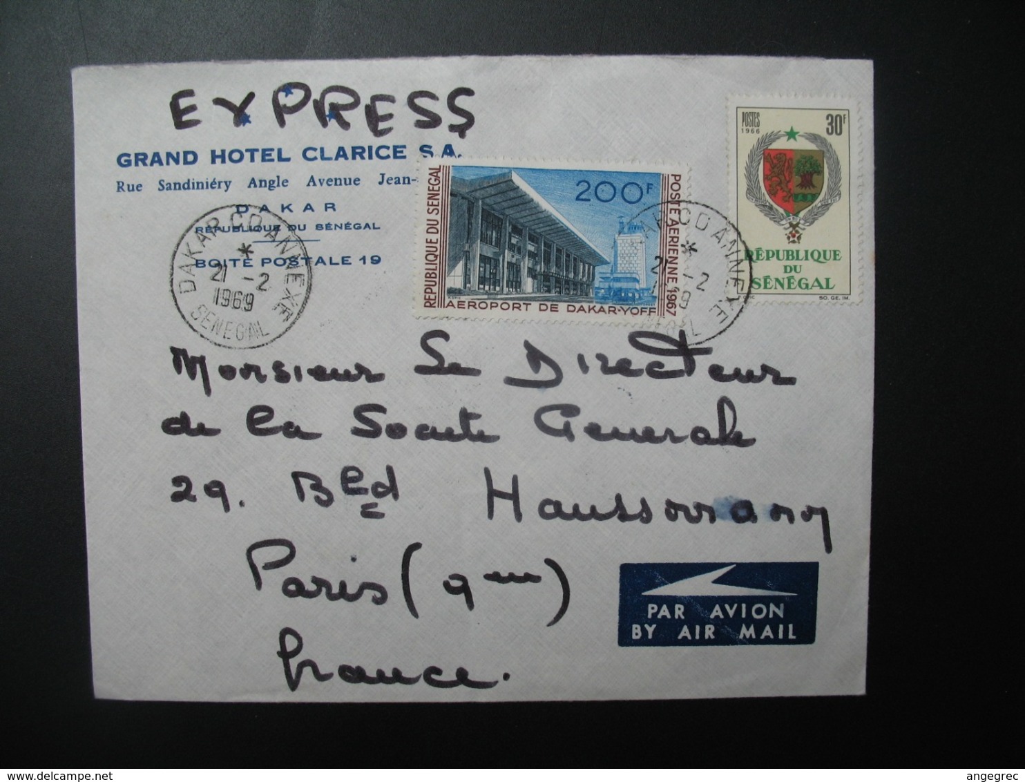 Lettre à Entête Grand Hôtel Clarice SA Sénégal Dakar  1969    Pour La Sté Générale En  France Paris - Sénégal (1960-...)