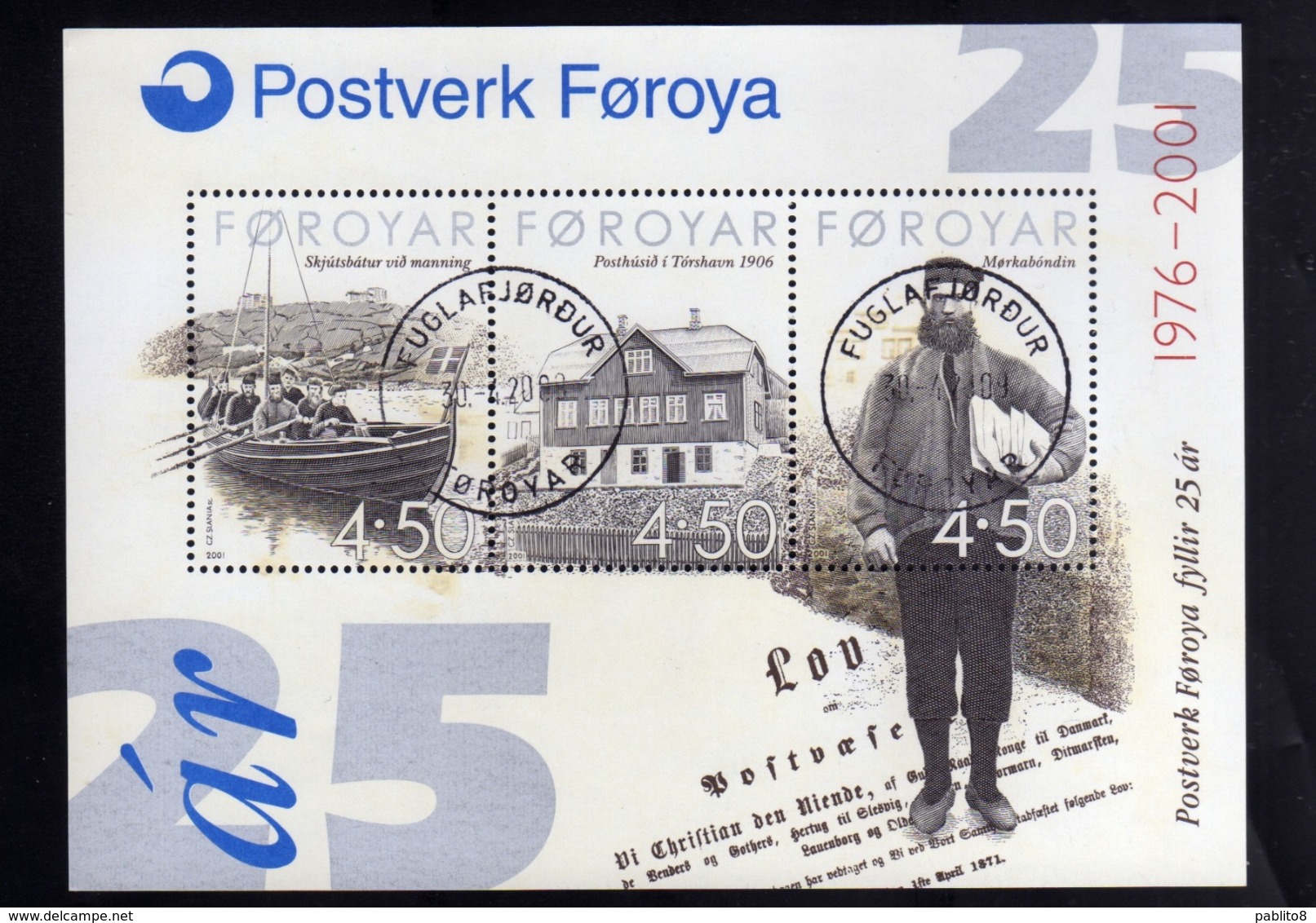 FAEROER FAROE ISLANDS Féroé Faroer Føroyar 2001 POSTAL SERVICE 25th BLOCK SHEET BLOCCO FOGLIETTO USED USATO OBLITERE' - Isole Faroer