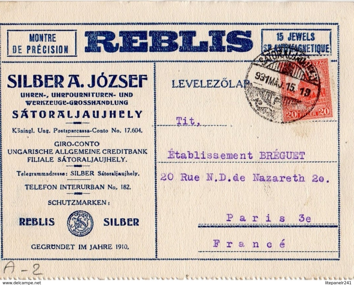 A002 Carte Lettre De Silber A. Jozsef Du 15-05-1931 (date De La Flamme) Postée  à  Sátoraljaújhely En Hongrie - Collezioni