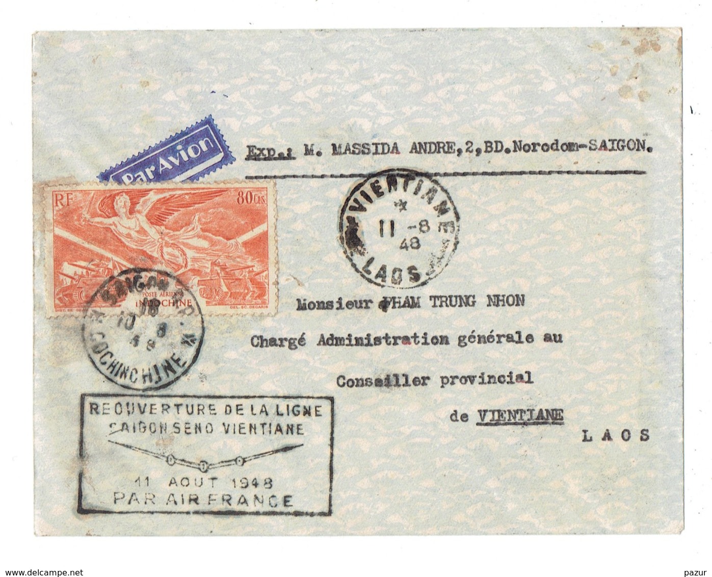 TP - MARCOPHILIE - COCHINCHINE 1948 - 2 ENVELOPPES REOUVERTURE DE LA LIGNE SAIGON  VIENTIANE - Storia Postale