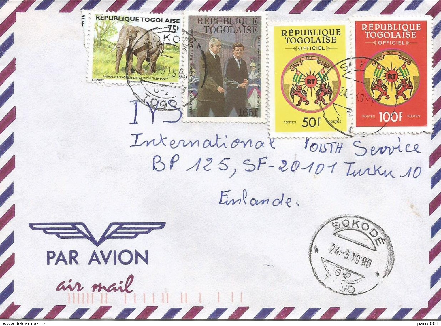 Togo 1996 Sokode G-2 Charles De Gaulle Kennedy Elysee Elephant Official Cover - De Gaulle (Generale)