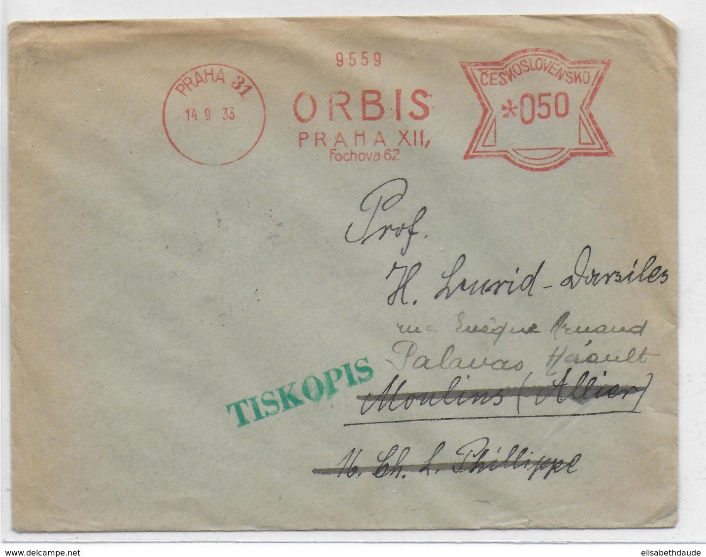 TCHECOSLOVAQUIE - 1933 - EMA Sur ENVELOPPE De PRAGUE => MOULINS => PALAVAS - Storia Postale