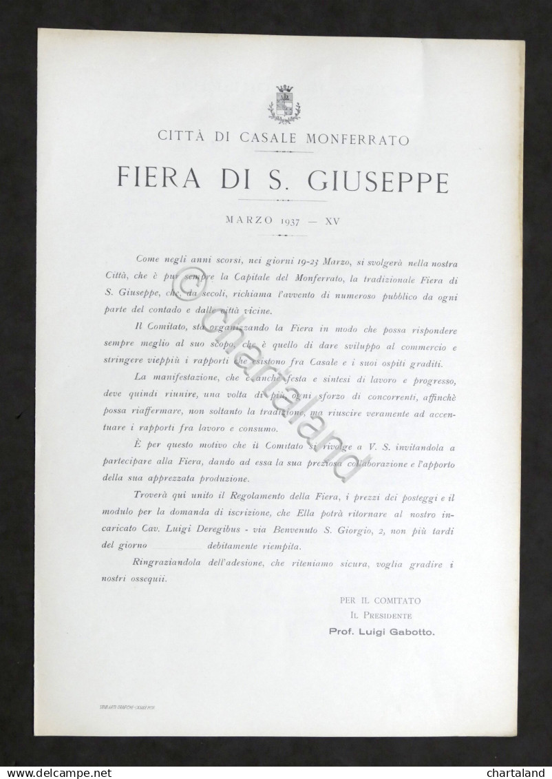 Città Di Casale Monferrato - Fiera Di S. Giuseppe - Regolamento - Marzo 1937 - Altri & Non Classificati