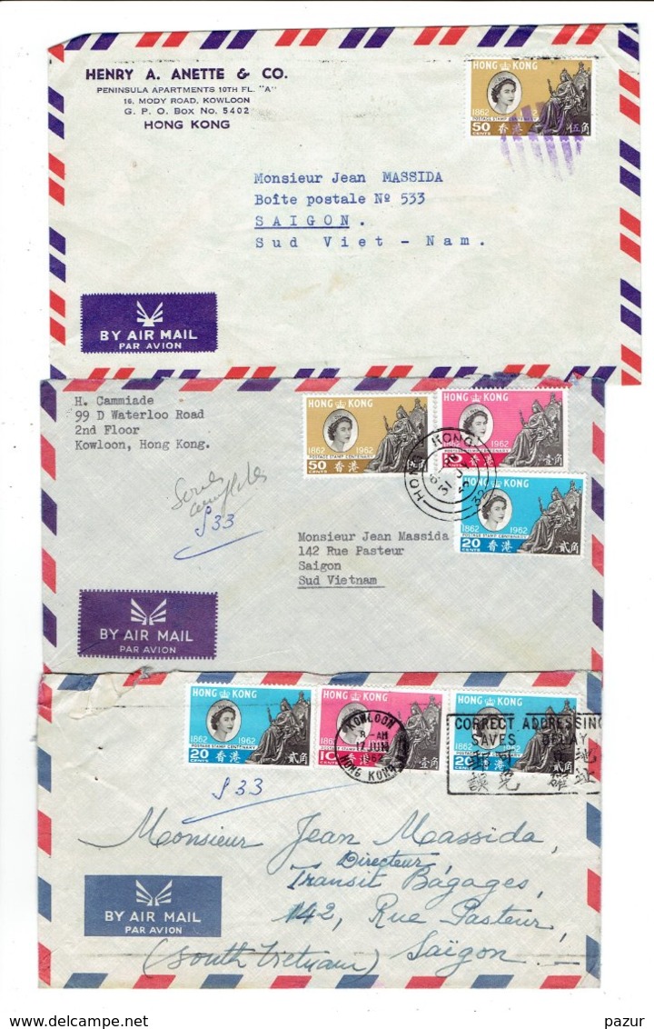 TP - MARCOPHILIE - 1962 HONG KONG - 3 ENVELOPPES  PAR AVION POUR LE VIET NAM - Lettres & Documents