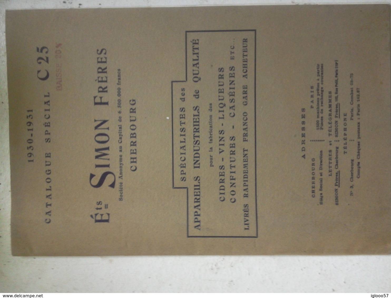 Rare CATALOGUE DES ÉTABLISSEMENTS SIMON FRERES. CHERBOURG. 1930-31. - Agriculture