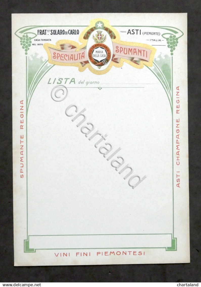 Menu F.lli Solaro Di Carlo - Asti - Vini E Spumanti - Inizio '900 - Menu