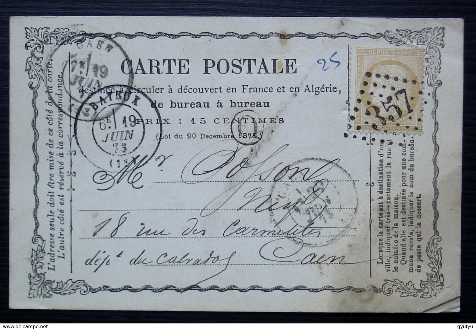 Calvados, Cad De Bayeux 1875 Carte Précurseur Avec Boîte Rurale O à Identifier - 1849-1876: Klassik