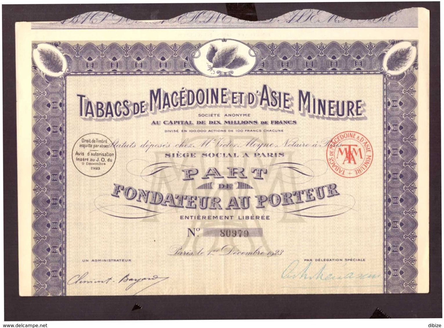 Action. Part De Fondateur Au Porteur. Tabacs De Macédoine Et D'Asie Mineure. S.A 1923. + 22 Coupons N° 80979. - S - V