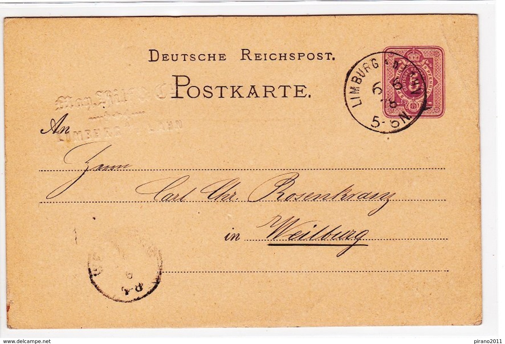 Postkarte Von Limburg Nach Weilburg, 1878 - Historical Documents