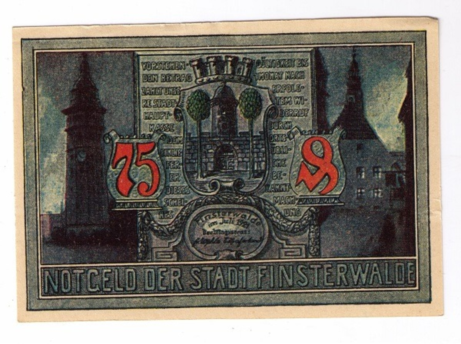Notgeld 75 Pfennig Stadt Finsterwalde 1921  23272328 - Autres & Non Classés