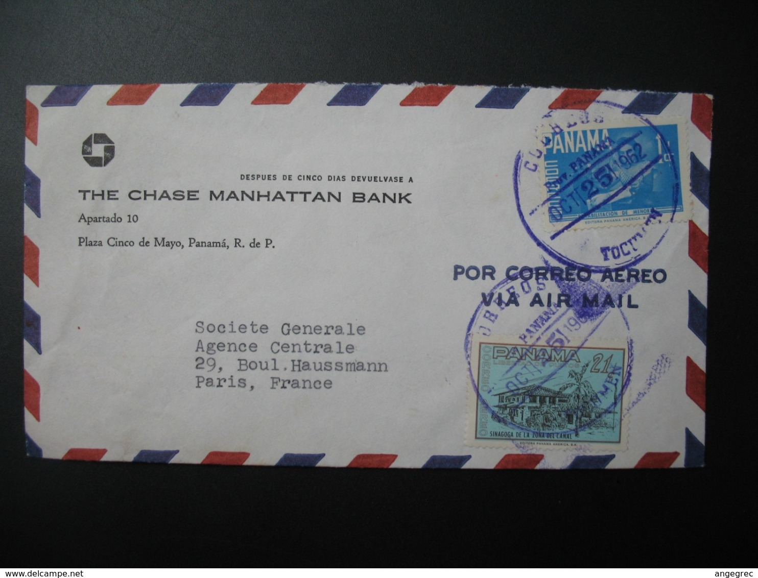 Lettre à Entête The Chase Manhattan Bank Panama    1962  Pour La Sté Générale En France   Bd Haussmann   Paris - Panama