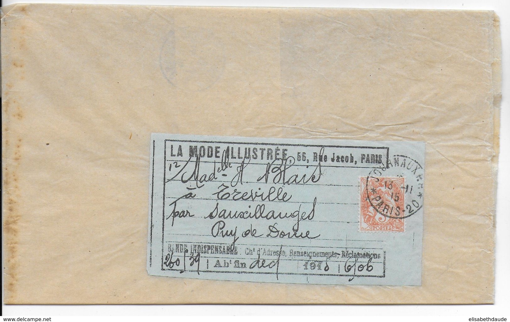 1915 - TYPE BLANC 3c SEUL Sur BANDE - OBLITERATION Des JOURNAUX PP PARIS 20 - 1877-1920: Periodo Semi Moderno