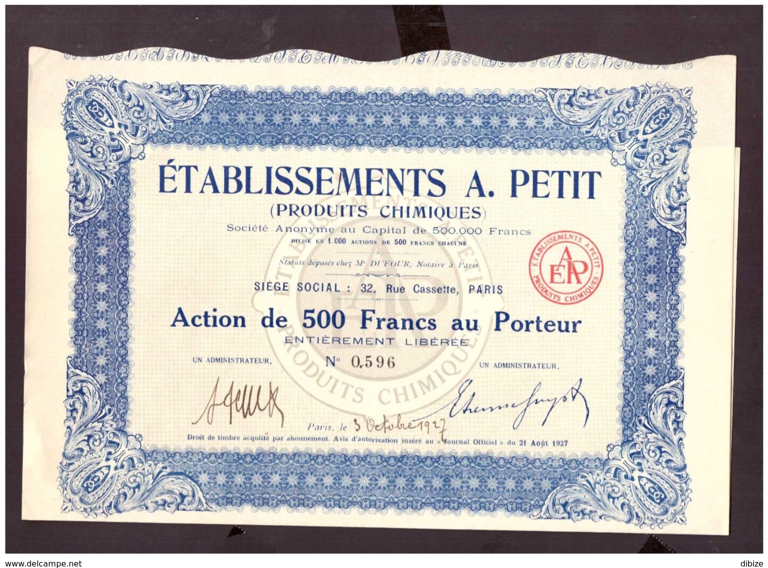 Action. Action De 500 Francs Au Porteur. Etablissements A. Petit. (Produits Chimiques). S.A 1927. + 24 Coupons N° 596 - Industrie