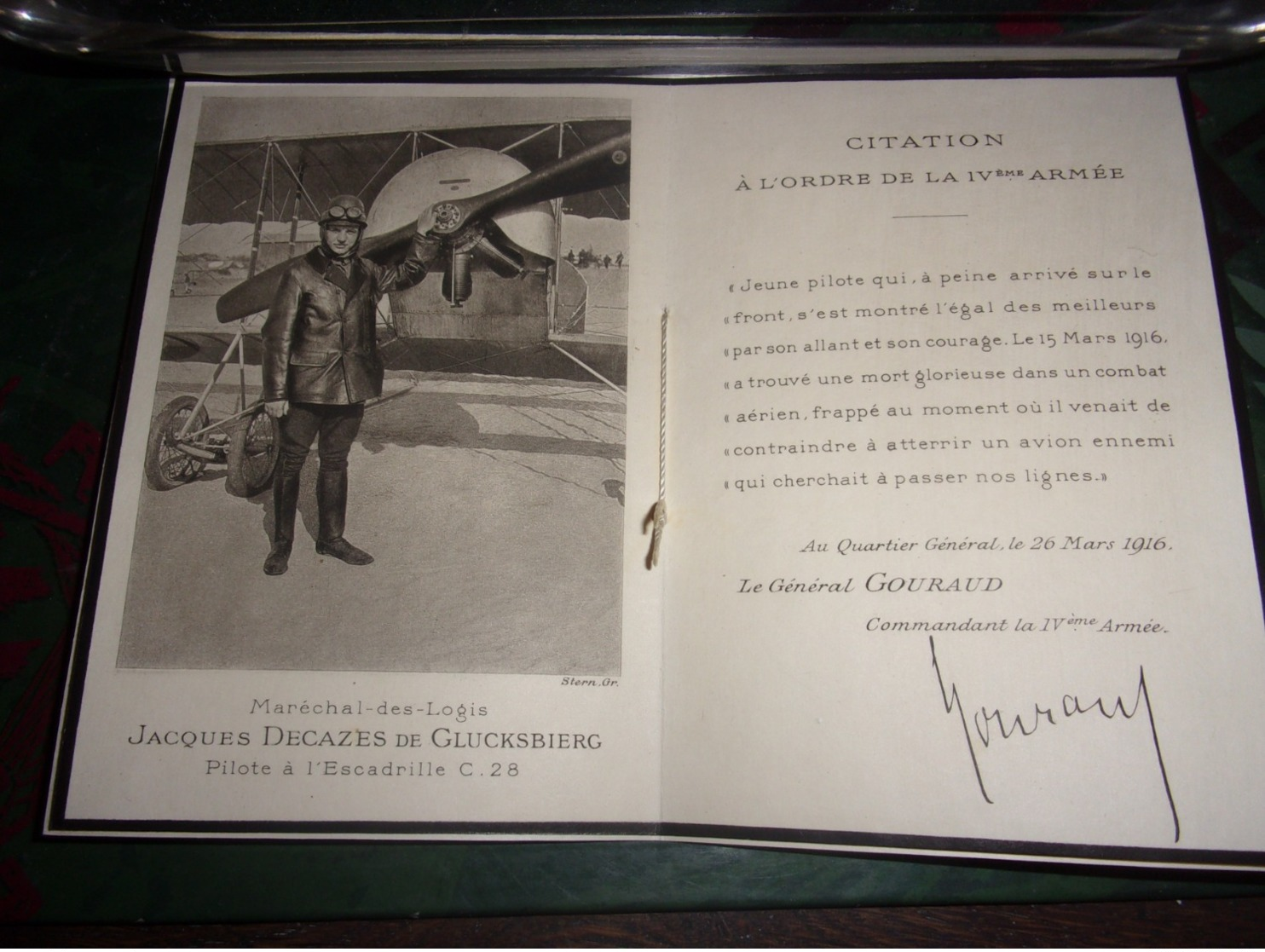 FAIRE-PART DE DECES AVIATEUR ELIE DECAZES DE GLUCKSBIERG COMTE DECAZES PILOTE ESCADRILLE C.28 AVIATION MILITAIRE GUERRE - 1914-18