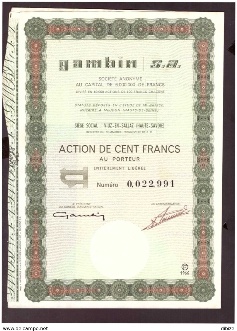 Action. Action De 100 Francs Au Porteur. Gambin.  S.A 1966. + 24 Coupons N° 22.991 - G - I