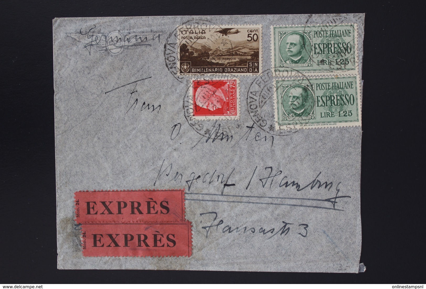 Italy Airmail Expres Cover Genova -> Hamburg Germany 1937  Mixed Franking Sa A96 - Marcofilie (Luchtvaart)