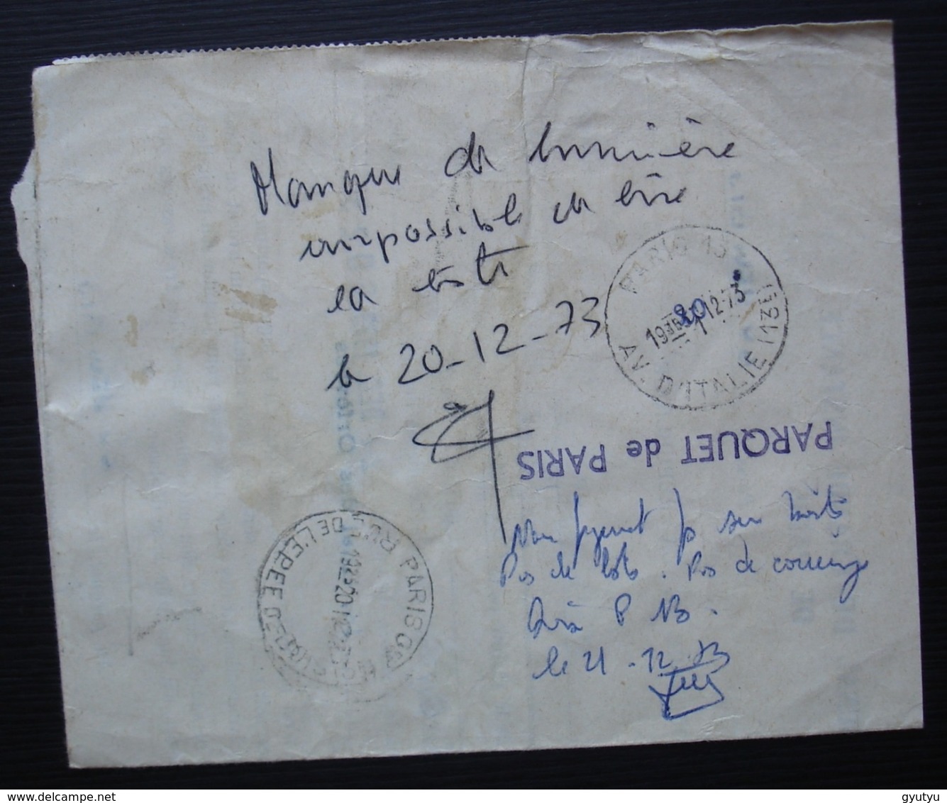 Pneumatique Paris 32 Tribunal De Commerce 1973 Avec Notes Manuscrites Impossibilité De Distribution Au Verso - 1961-....