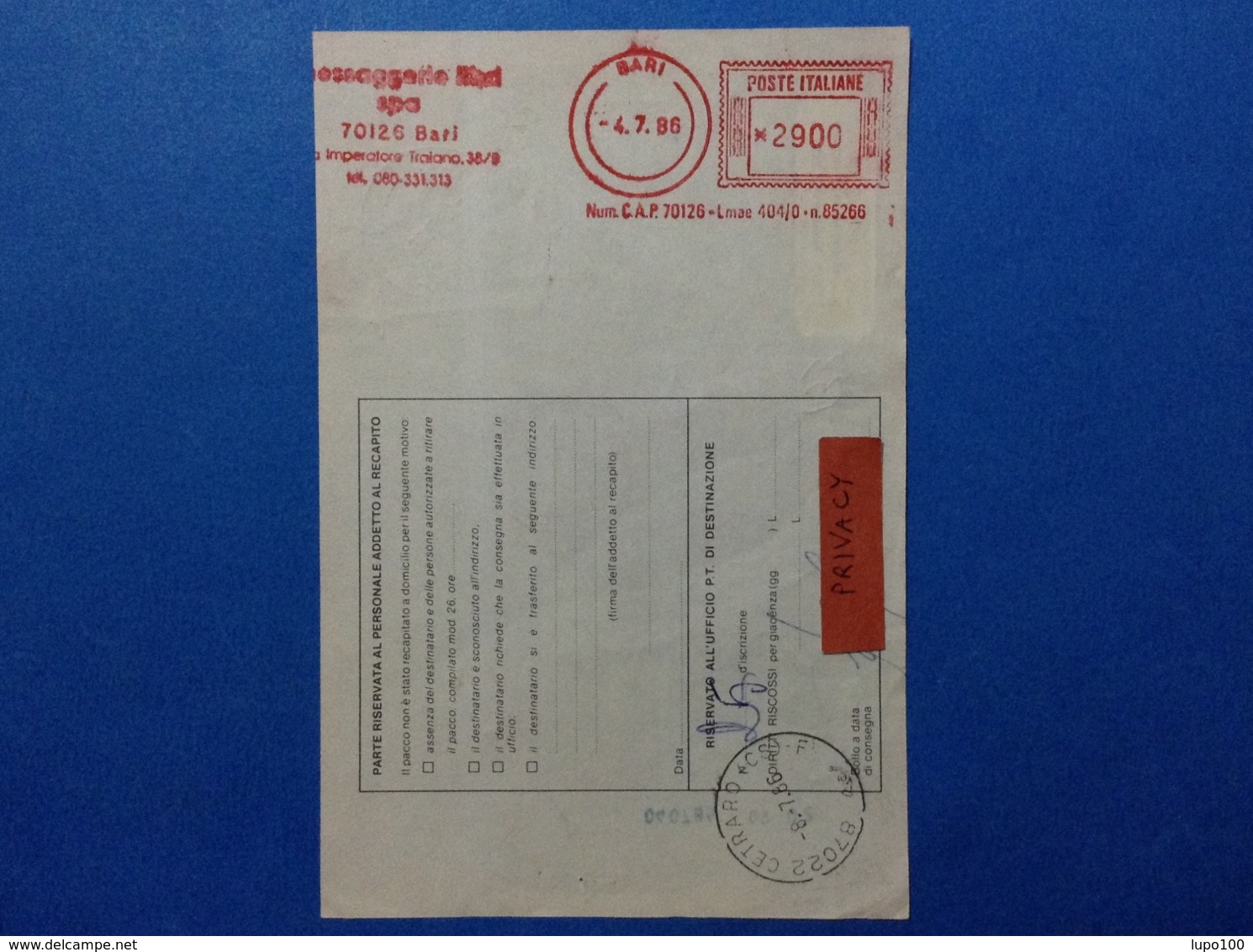 1986 AFFRANCATURA MECCANICA ROSSA EMA RED SU BOLLETTINO PACCO MESSAGGERIE LIBRI SPA BARI - Franking Machines (EMA)