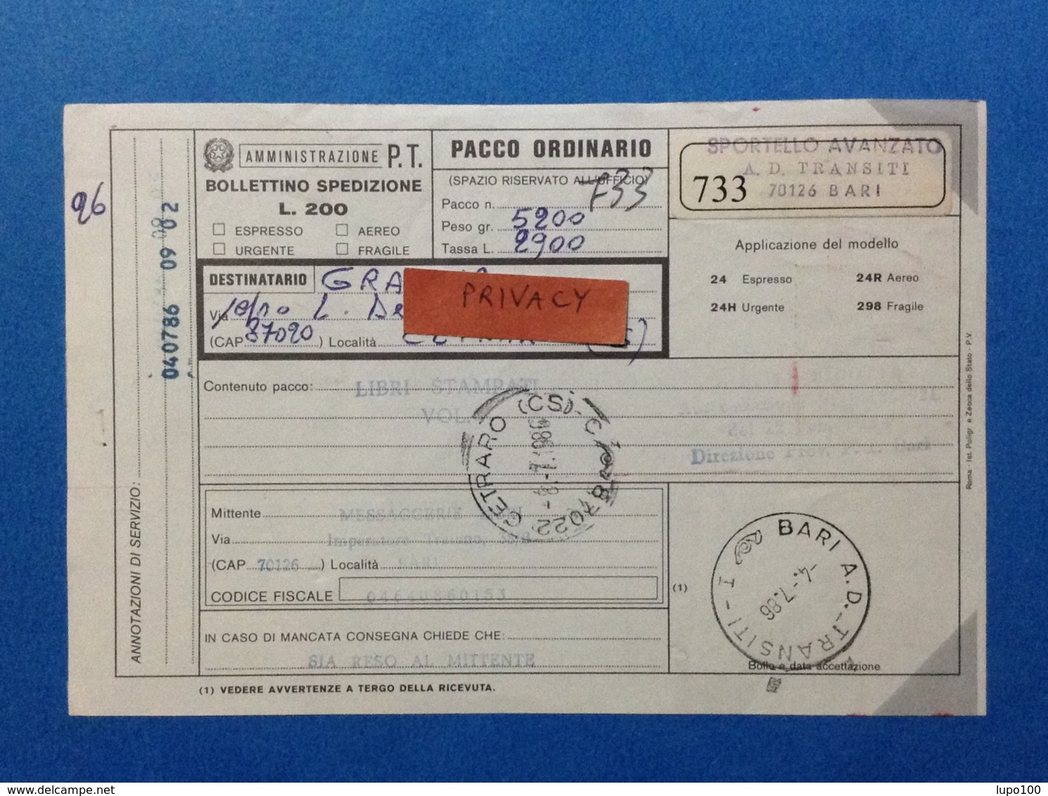 1986 AFFRANCATURA MECCANICA ROSSA EMA RED SU BOLLETTINO PACCO MESSAGGERIE LIBRI SPA BARI - Franking Machines (EMA)