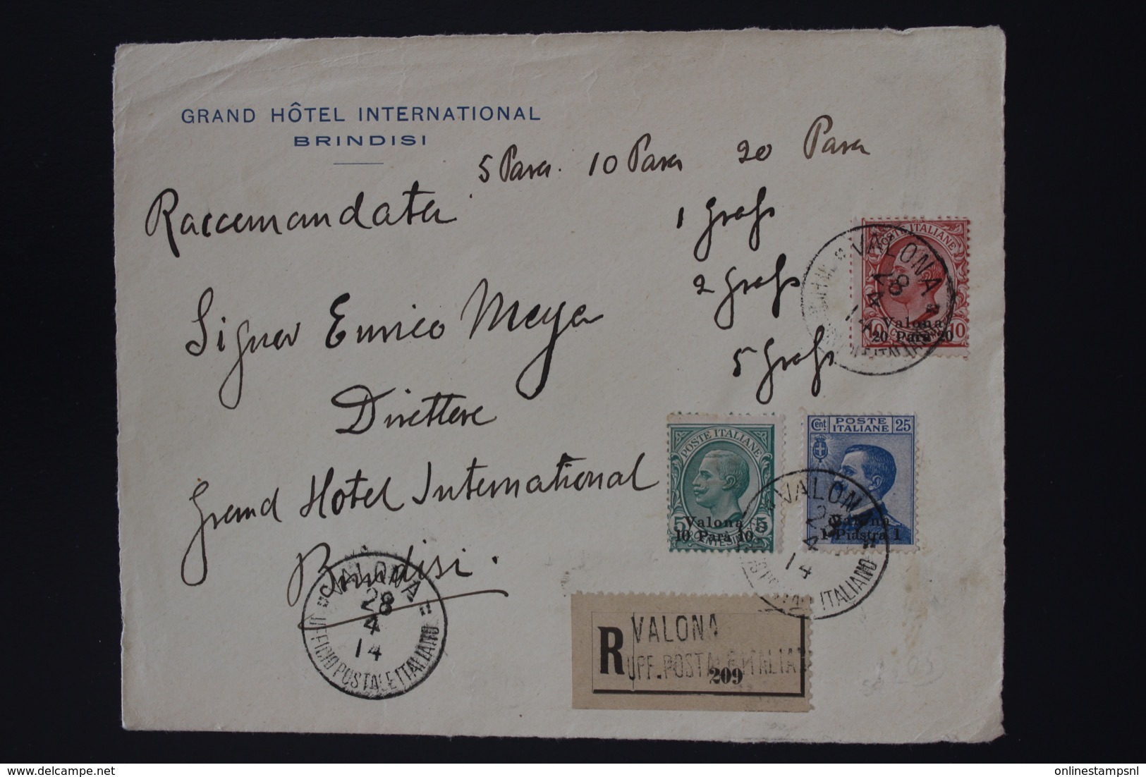 Italy Valona Registered  Front Of Cover Sa 1, 2, 4 28-4-1914 -> Brindisi RR - Oficinas Europeas Y Asiáticas