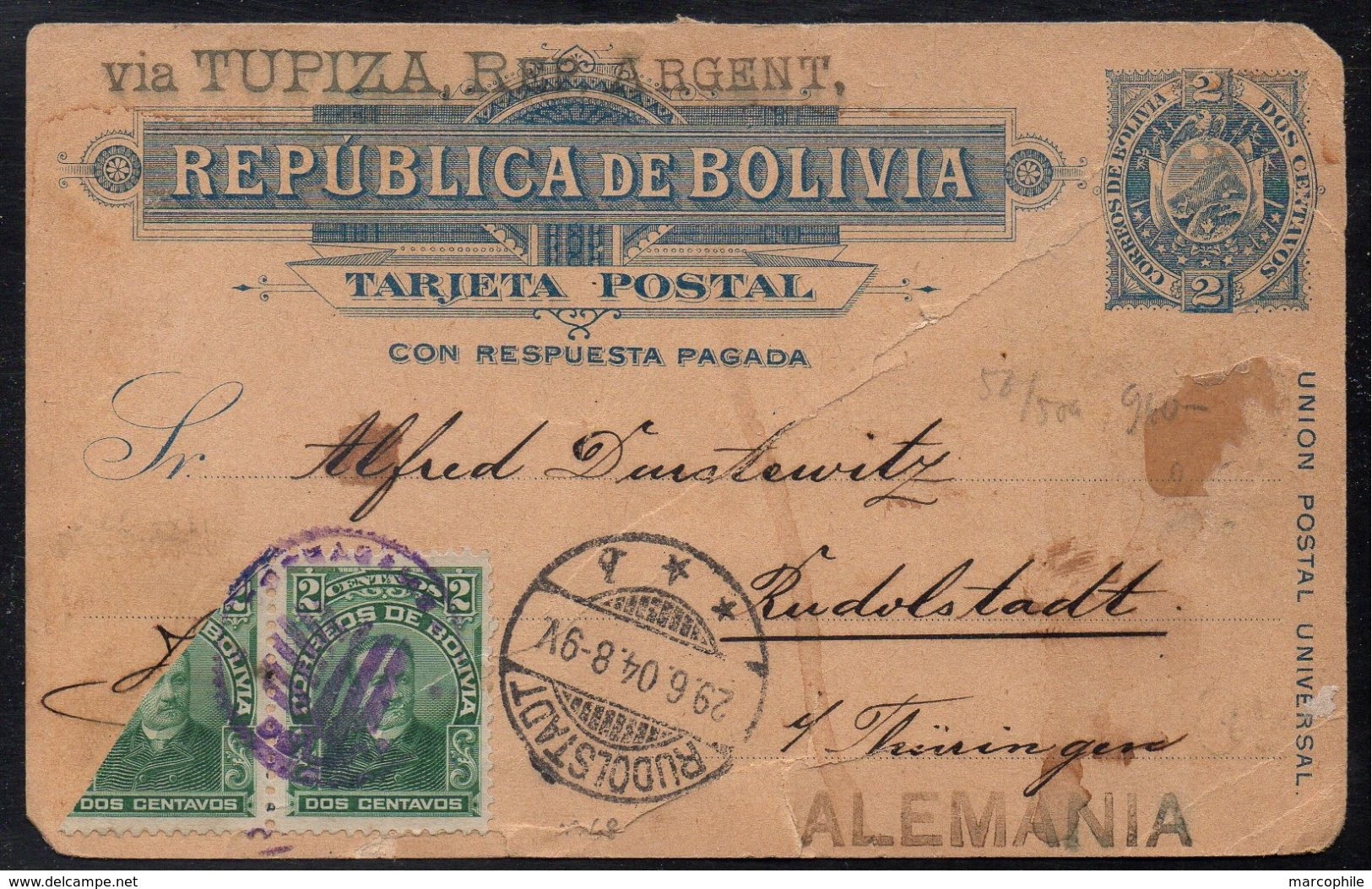 BOLIVIE / 1904 ENTIER POSTAL POUR L'ALLEMAGNE (ref 6412) - Bolivie