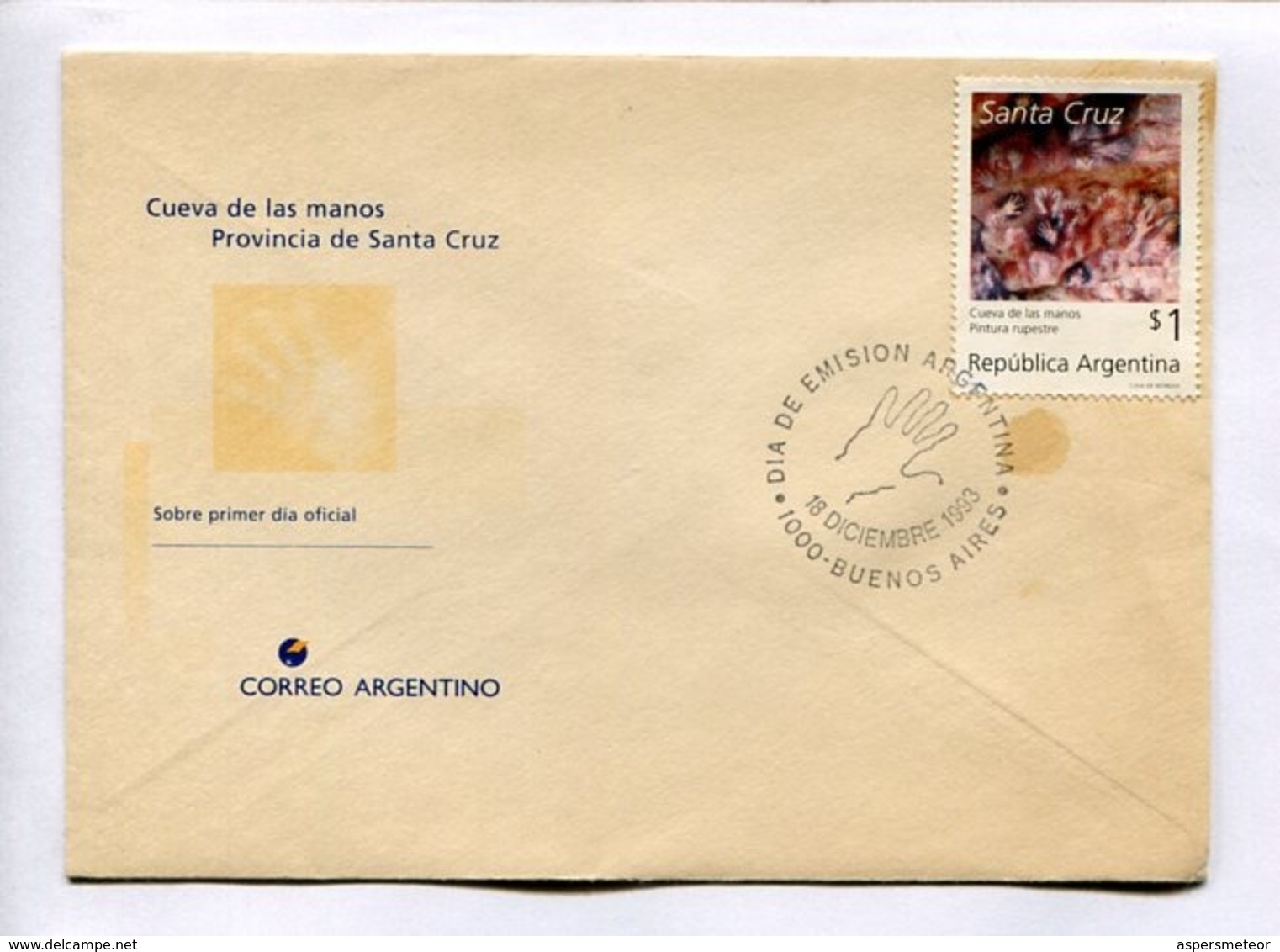 CUEVA DE LAS MANOS, SANTA CRUZ. PINTURA RUPESTRE. ARGENTINA 1993 ENVELOPE FDC PRIMER DIA -LILHU - Archeologie