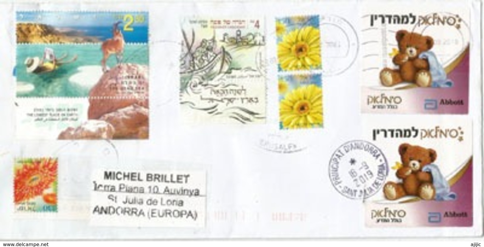 Abbott Teddy Bear & Israel Dead Sea, On Letter 2019 Israel, Sent To Andorra, With Arrival Postmark - Lettres & Documents