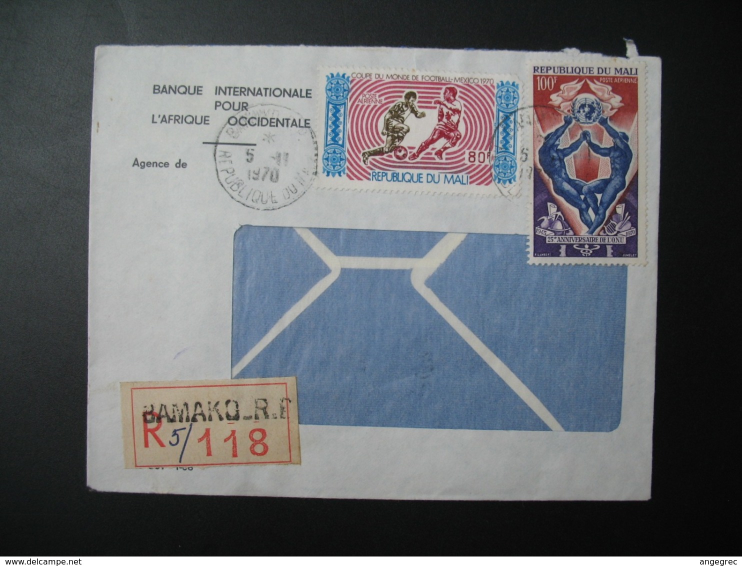 Lettre Thème Sportif  Foot Ball    1970 Recommandé R5/118  Mali Bamako Banque Internationale Pour L'Afrique Occidentale - Mali (1959-...)