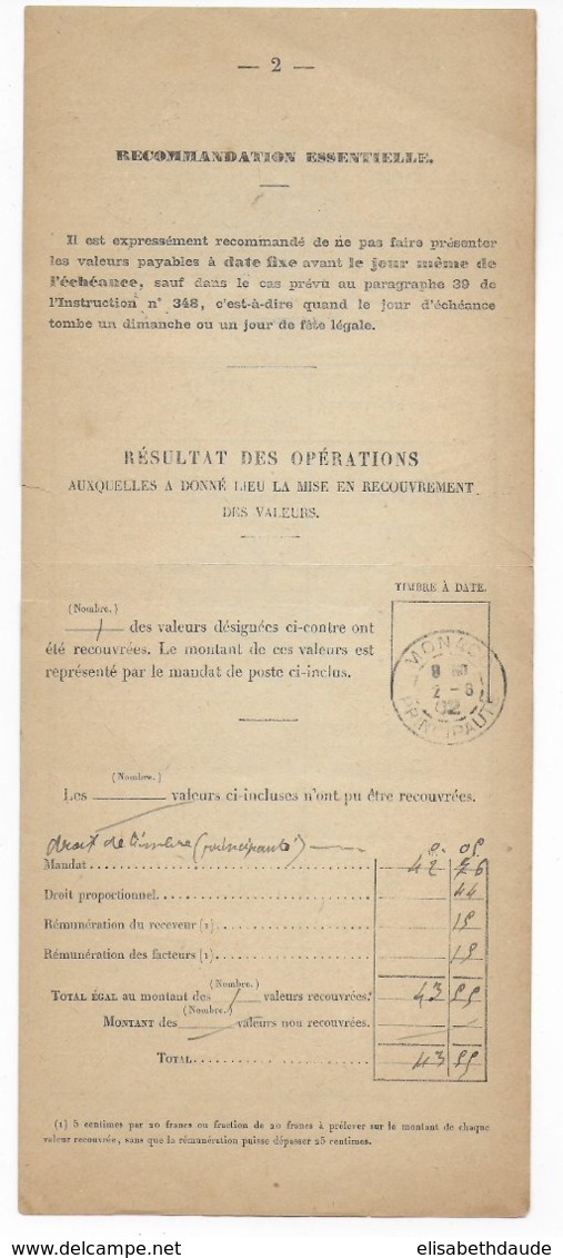 1902 - BORDEREAU Des VALEURS à RECOUVRER De OLONZAC (HERAULT) => MONACO TAXE 5c - Briefe U. Dokumente