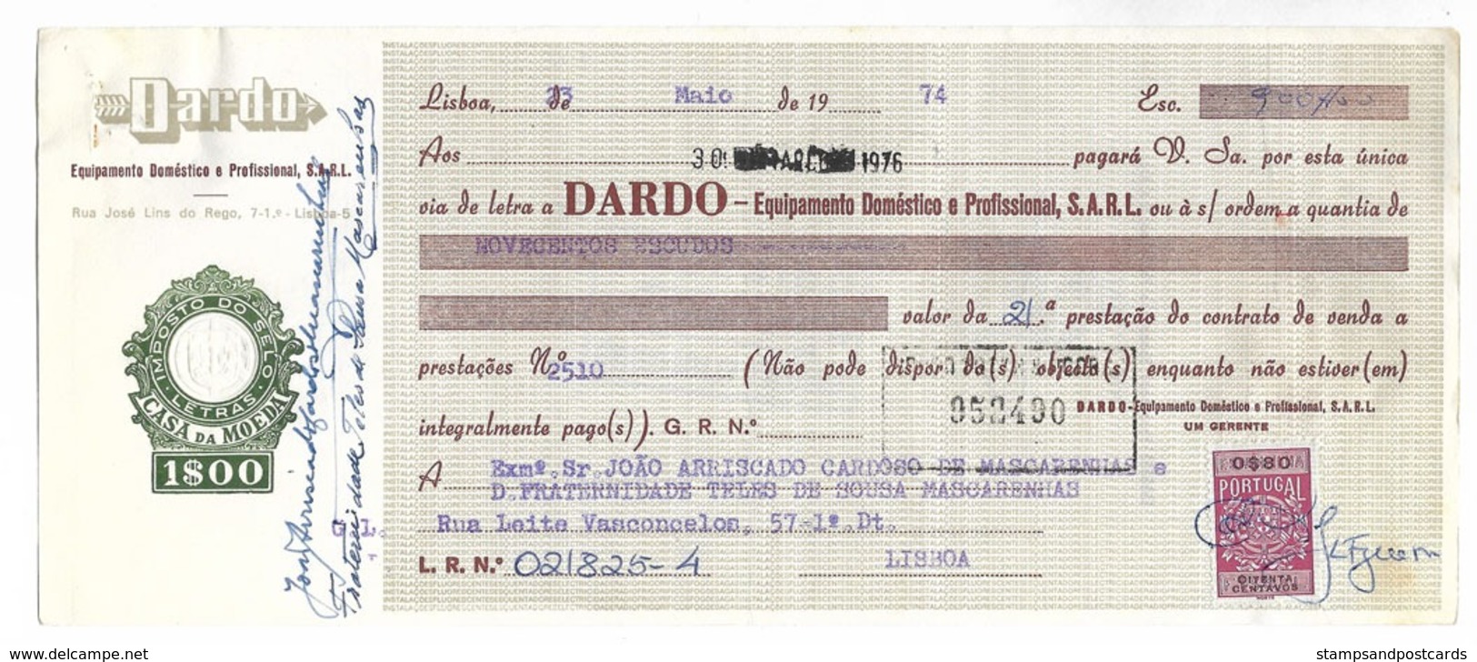 Portugal Lettre De Change Dardo Meubles Timbre Fiscal Fixe 1$ Bill Of Exchange Furniture Co. Stamped Revenue 1$ - Lettres & Documents