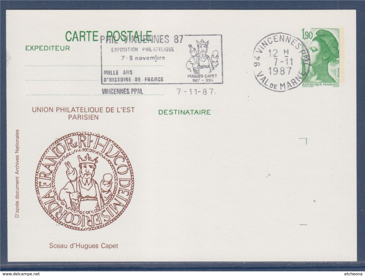 = Carte Postale Entier 2424-CP1 Phil'Vincennes 87 Flamme 7.11.1987 Liberté De Gandon 1.90 Complément Au Verso - Cachets Manuels