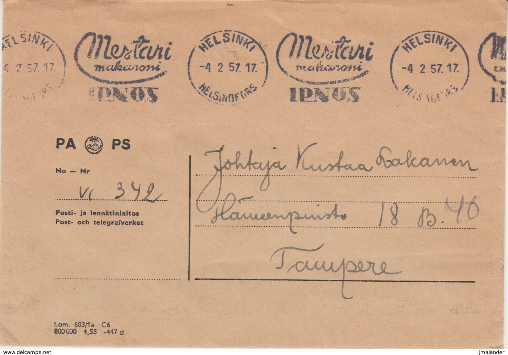 Finland 1957 - Official Postal Cover With Mechanical Cancellation Advertising Macaroni - Dienstmarken