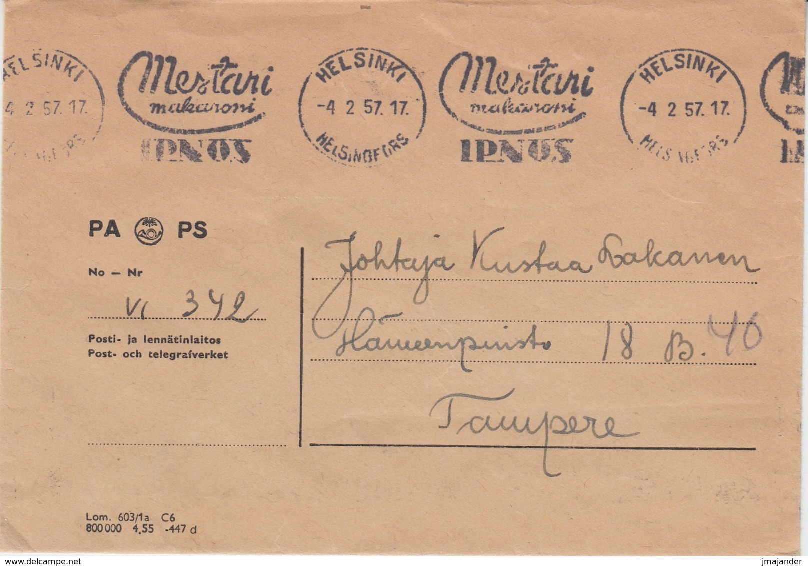Finland 1957 - Official Postal Cover With Mechanical Cancellation Advertising Macaroni - Servizio