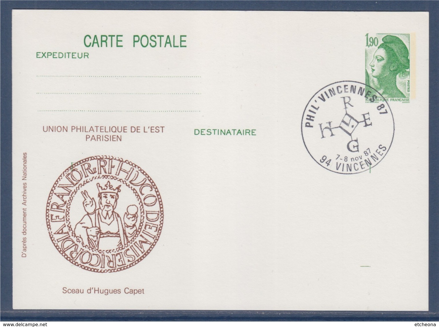 = Carte Postale Entier 2424-CP1 Phil'Vincennes 87 Flamme 7-8.11.1987 Liberté De Gandon 1.90 Complément Au Verso - Cachets Manuels