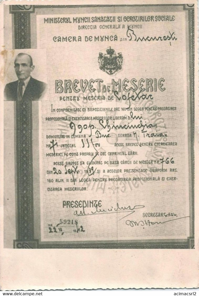 X2057 ROMANIA ROUMANIE Bucarest - Meserie Brevet - Photo Du Certificat De Brevet De 1939 17x11cm - Objets