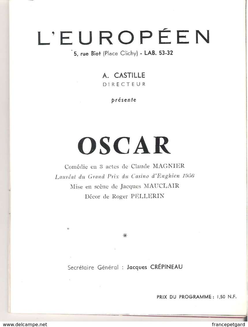 Théatre L' EUROPEEN Programme D'Oscar - Programmes