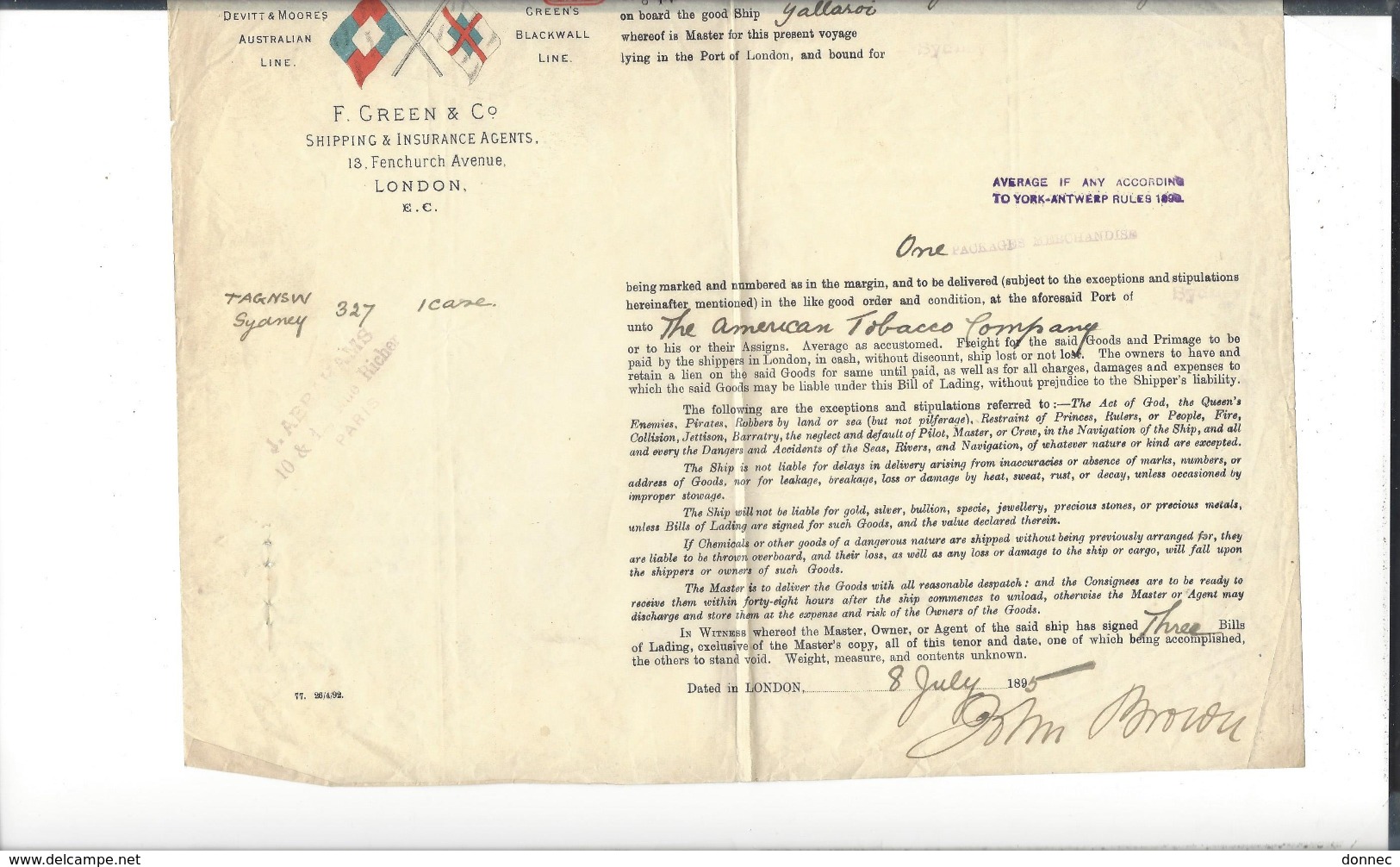 CONNAISSEMENT  Bill Of Lading Australian And New Zealand Trade F. Green & Co  London - Sydney Yallaroi 1895 - Royaume-Uni