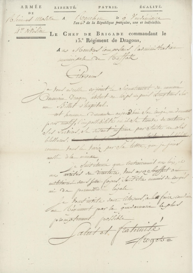 Renchen An 6 - 30.9.1797 Armée Du Rhin Et Moselle Le Chef De Brigade Commandant Le 13e Régiment De Dragons - Documents Historiques