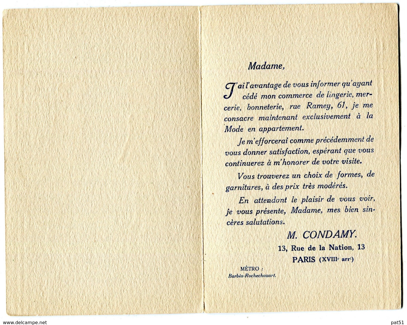 75 - Paris - XVVIII ème : Magasin De MODES  - Mme CONDAMY - Arrondissement: 18