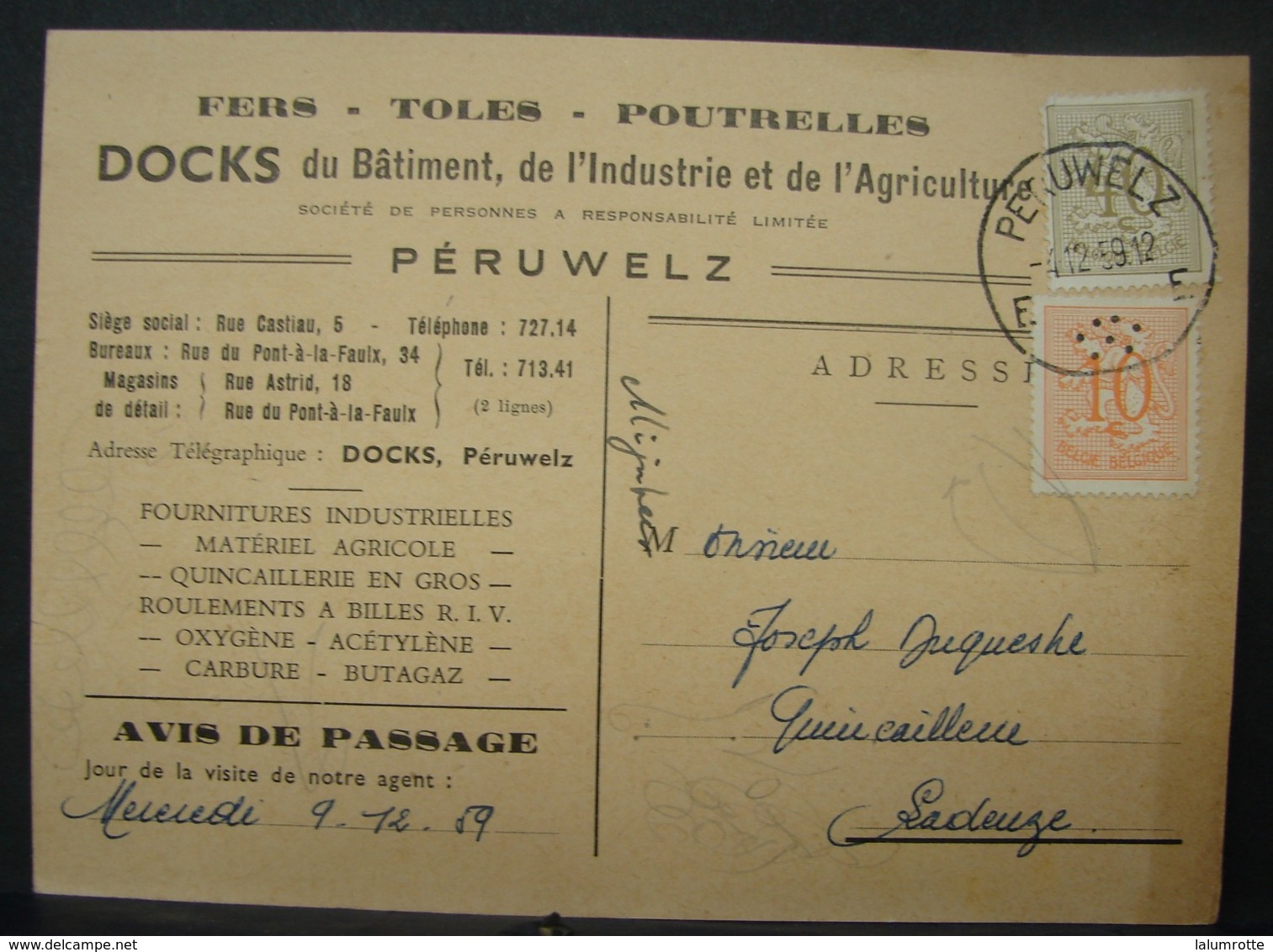 Pu. 87. Timbres Y&T N°853 Et 850. Carte Postale De Commande Avec Publicité Des Docks à Péruwelz En 1959 - Cartas & Documentos