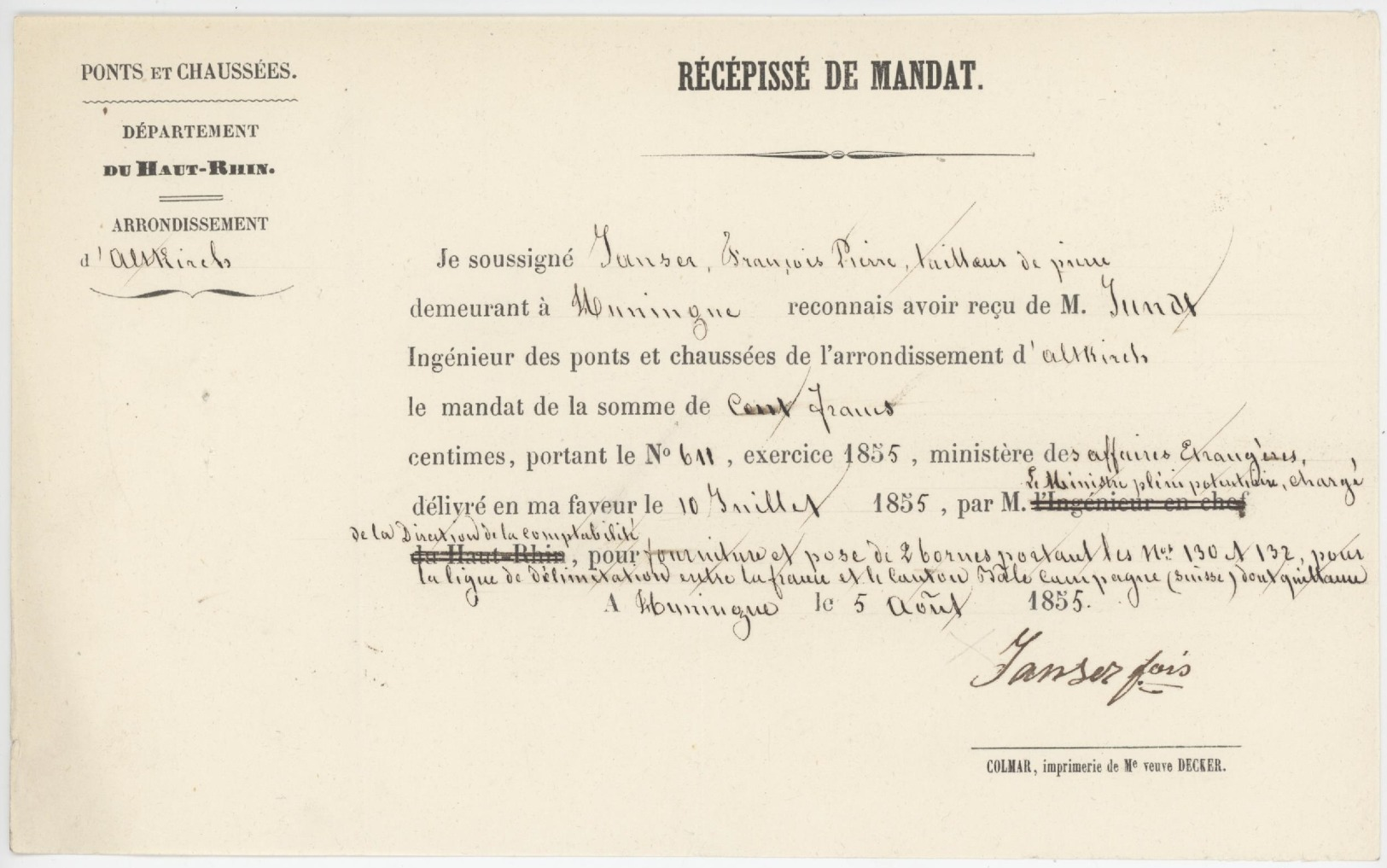 Ponts Et Chaussées Récépissé De Mandat Huningue 1855 Limite France Et Bâle - 1800 – 1899