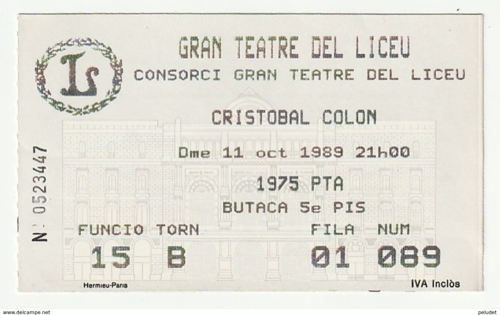 TICKET - ENTRADA / GRAN TEATRE DEL LICEU - CRISTOBAL COLON - 1989 - Tickets - Entradas