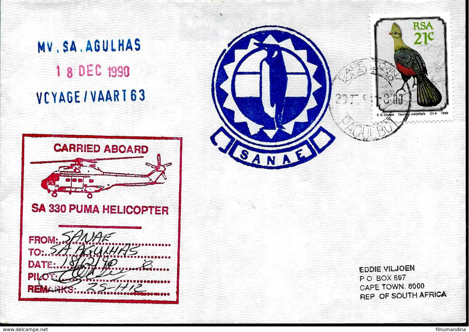 AANT-287 ANTARCTICA ANTARCTIC 1990 SOUTH AFRIKA ICEBREAKER AGULHAS-SANAE STATION HELICOPTER FLIGHT SIGNED - Expéditions Antarctiques