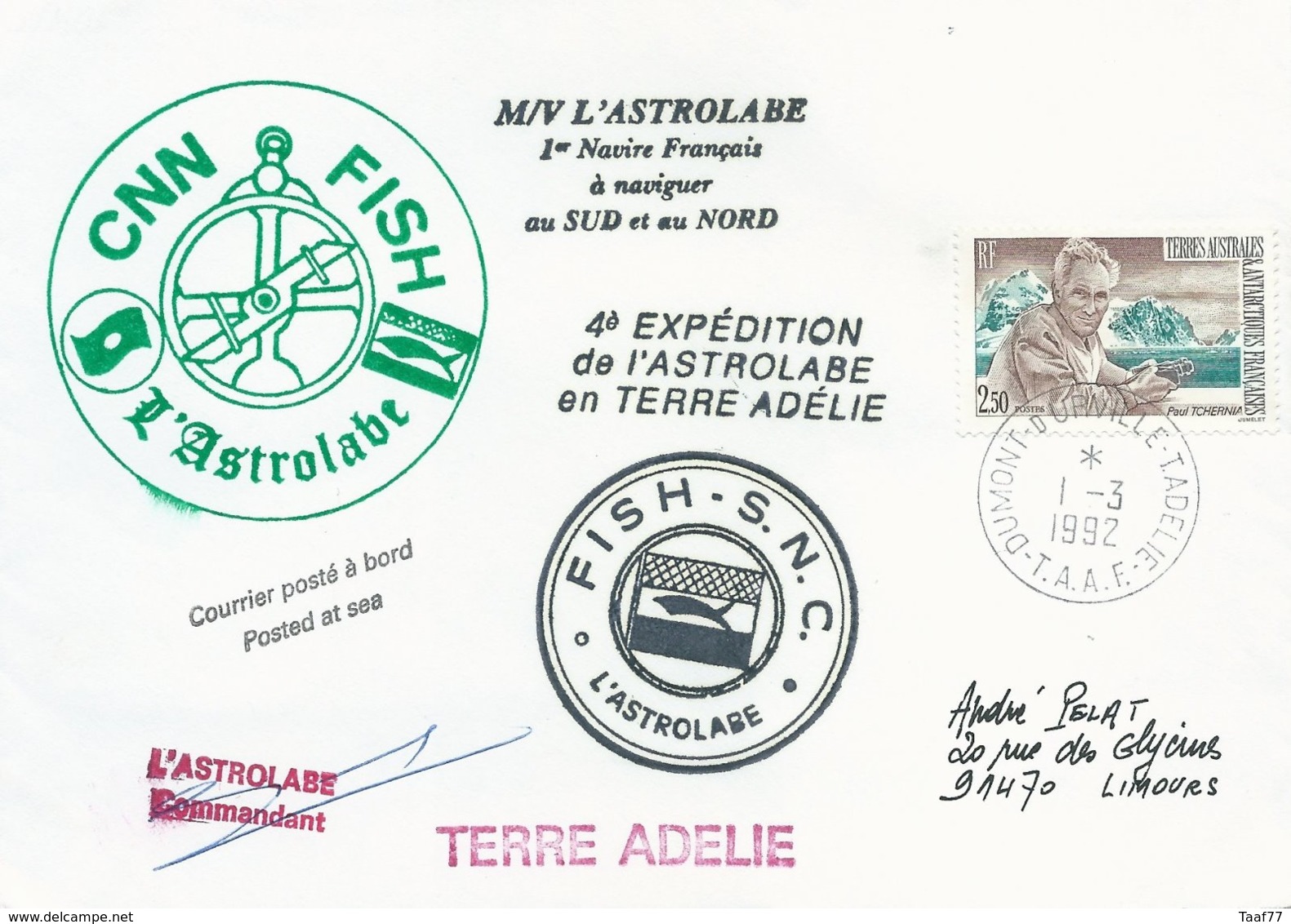 TAAF - Dumont D'Urville-T.Adélie: Lettre "L'Astrobale" Avec Timbre N°167 Tchernia - 01/03/1992 - Lettres & Documents